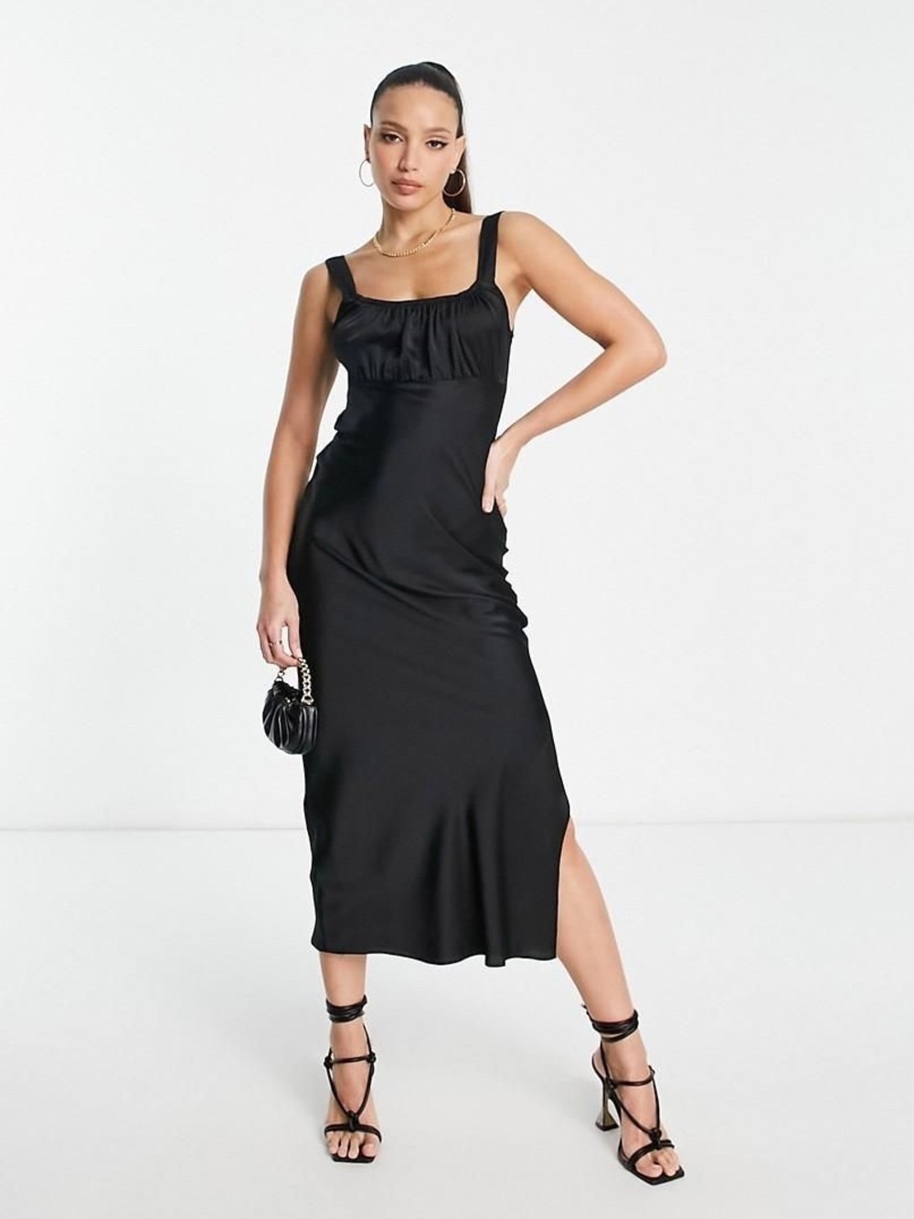ASOS Design Gathered Babydoll Satin MIDI Slip Dress in Black, Size 4, NEW - Picture 12 of 12